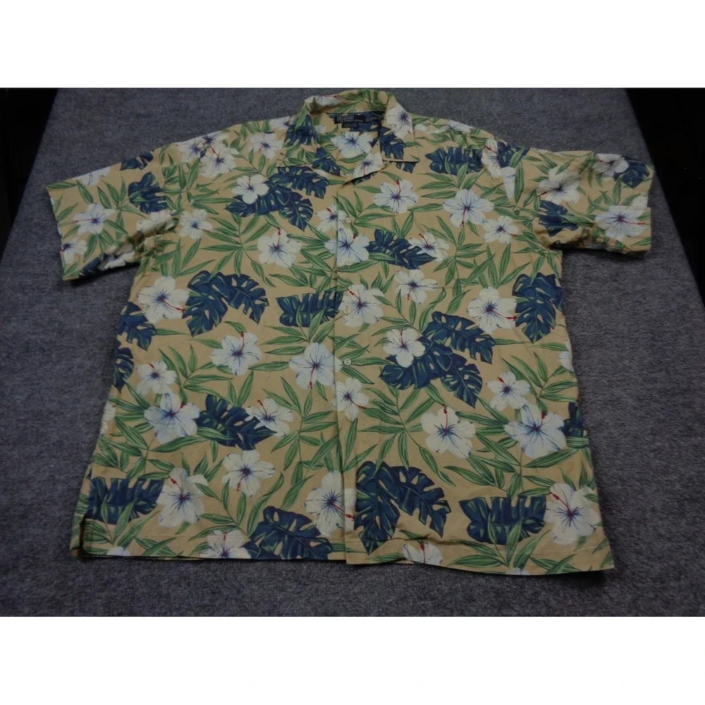 VTG Polo Ralph Lauren Loop Collar Shirt Men XL Blue Clayton Hawaiian Floral